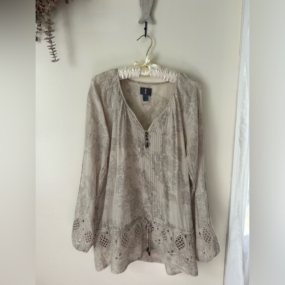 Cream Long Sleeve Blouse with Eyelet Details